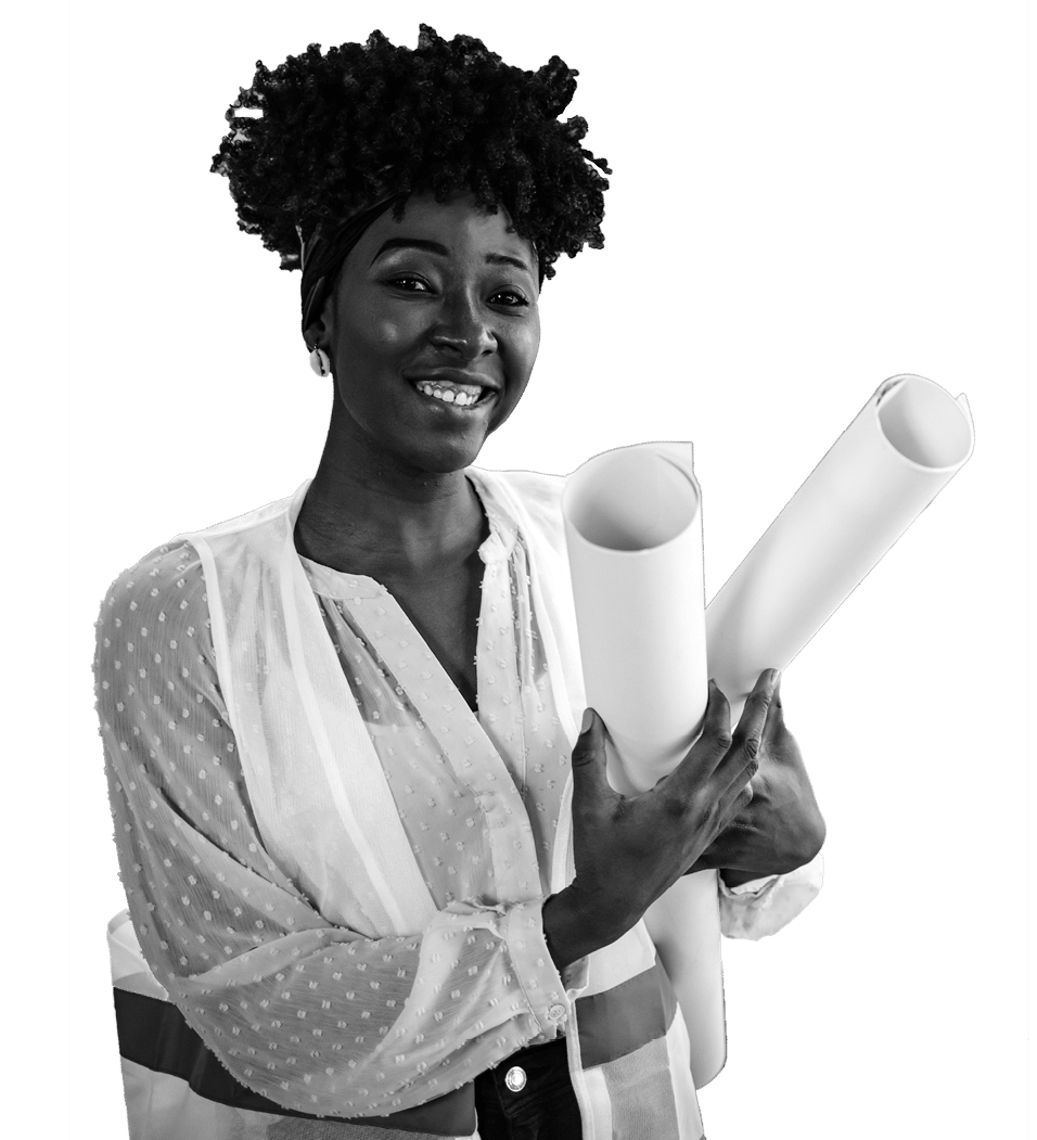 Black female architect smiling in busy office  Female Architect with Blueprints  Portrait of confident young businesswoman holding blueprint in office  Young female entrepreneur