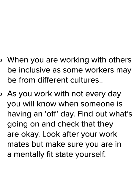 On some occasions you may be working alone but you ll find yourself mostly working with other workers form your team    