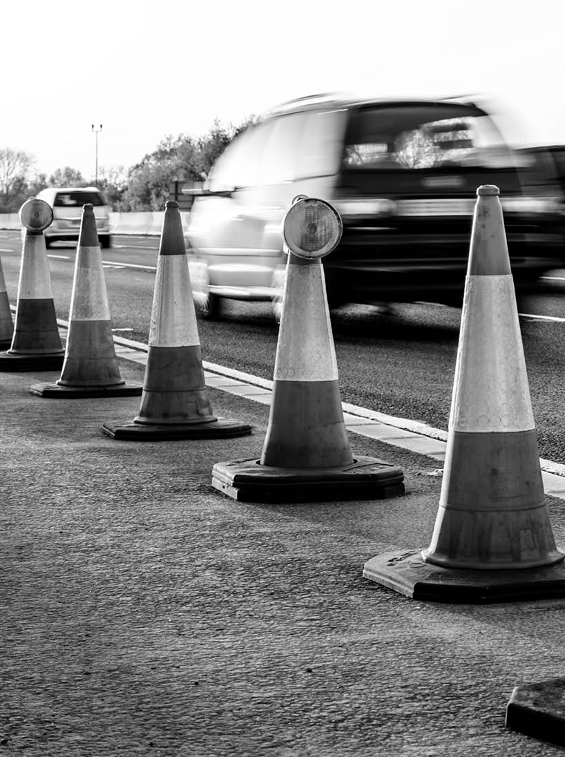 Evening view UK Motorway Services Roadworks Cones