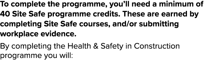 To complete the programme, you ll need a minimum of 40 Site Safe programme credits  These are earned by completing Si   