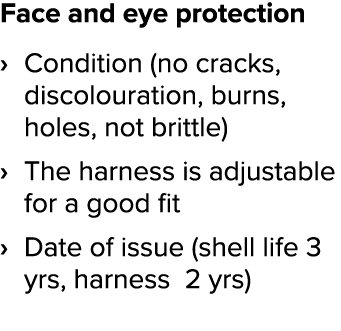 Face and eye protection Condition (no cracks, discolouration, burns, holes, not brittle) The harness is adjustable fo   